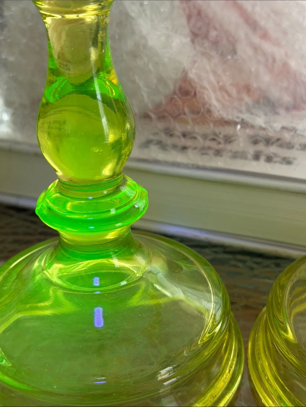 Vintage uranium Yellow Glass Candlestick Holders - Pair